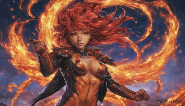 1girl,solo,long hair,breasts,looking at viewer,large breasts,red eyes,cleavage,medium breasts,jacket,upper body,red hair,parted lips,open clothes,sky,open jacket,lips,black jacket,orange eyes,bodysuit,night,floating hair,fire,clenched hand,star (sky),clenched hands,freckles,center opening,wings,tears,armor