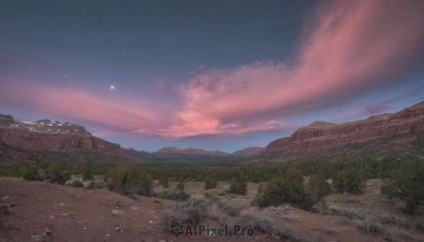 outdoors,sky,cloud,water,tree,no humans,night,cloudy sky,grass,building,star (sky),nature,night sky,scenery,forest,starry sky,sunset,mountain,road,river,landscape,hill,rock,sand,horizon,path