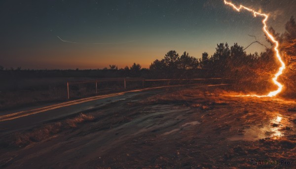 outdoors,sky,cloud,water,tree,no humans,night,grass,star (sky),nature,night sky,scenery,forest,starry sky,sunset,fence,electricity,road,river,lightning,reflection,bridge,landscape