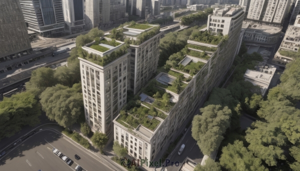 outdoors,day,tree,no humans,window,ground vehicle,building,scenery,motor vehicle,city,sign,car,road,cityscape,ruins,street,skyscraper,overgrown,real world location,from above,bridge