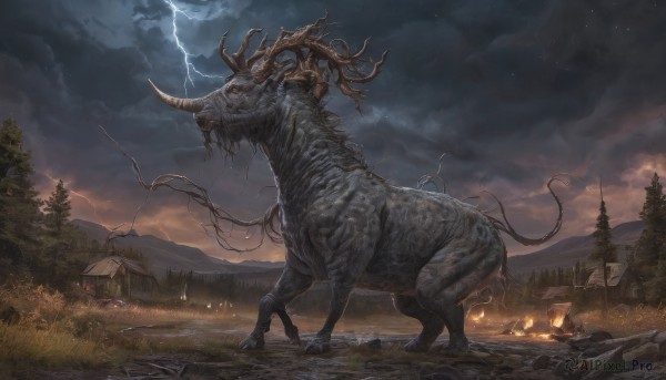 outdoors,horns,sky,cloud,tree,no humans,night,animal,cloudy sky,grass,fire,nature,scenery,forest,monster,mountain,fantasy,electricity,house,lightning,tusks,tent,star (sky),night sky,antlers,giant,campfire