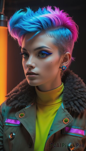 1girl,solo,looking at viewer,short hair,shirt,jewelry,green eyes,blue hair,jacket,upper body,pink hair,multicolored hair,earrings,parted lips,open clothes,teeth,artist name,mole,two-tone hair,sweater,open jacket,lips,coat,fur trim,eyelashes,mole under eye,makeup,buttons,turtleneck,piercing,lipstick,eyeshadow,fur collar,asymmetrical hair,yellow shirt,realistic,nose,fur-trimmed jacket,stud earrings,eyeliner,very short hair,undercut,mascara,closed mouth,looking away,portrait,web address,brown jacket,leather,leather jacket