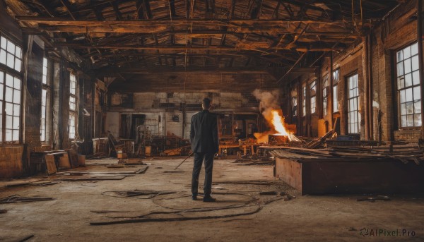 solo,black hair,long sleeves,1boy,holding,standing,jacket,weapon,male focus,day,pants,sword,indoors,from behind,black footwear,holding weapon,black jacket,window,chair,holding sword,black pants,formal,sunlight,katana,suit,fire,scenery,smoke,door,facing away,cable,ruins,wide shot,ceiling,burning,rubble,fireplace,shoes,table,hands in pockets,broken window