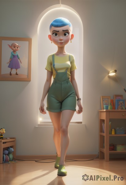 1girl,solo,breasts,looking at viewer,blush,short hair,shirt,brown eyes,jewelry,blue hair,standing,full body,short sleeves,earrings,small breasts,shoes,shorts,indoors,black eyes,bracelet,lips,makeup,shadow,stuffed toy,suspenders,stuffed animal,watch,teddy bear,yellow shirt,hoop earrings,green shirt,character doll,wristwatch,lamp,overalls,very short hair,green footwear,poster (object),suspender shorts,reference inset,portrait (object),smile,parted lips,book,green shorts