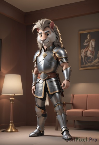 solo,long hair,looking at viewer,smile,1boy,animal ears,standing,tail,full body,weapon,white hair,grey hair,male focus,boots,belt,pants,artist name,indoors,signature,armor,shoulder armor,gauntlets,sheath,couch,furry,pauldrons,breastplate,armored boots,lamp,furry male,greaves,lion ears,faulds,snout,chainmail,plate armor,blue eyes,closed mouth,pillow,table,furry female,arms at sides,bracer,knight,full armor,painting (object)