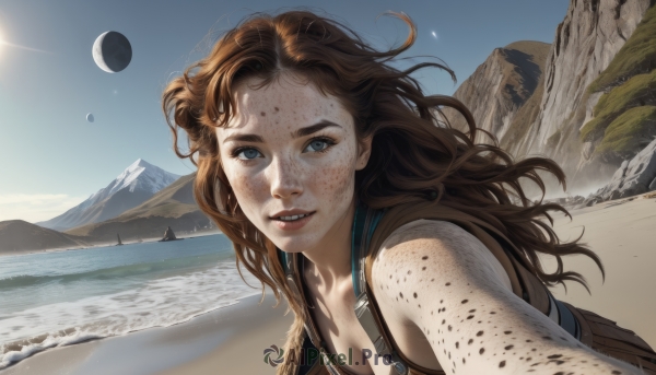 1girl,solo,long hair,breasts,looking at viewer,smile,blue eyes,brown hair,cleavage,medium breasts,upper body,outdoors,parted lips,sky,teeth,day,water,blue sky,lips,ocean,beach,moon,suspenders,messy hair,freckles,mountain,realistic,nose,sand,sun,selfie,overalls,dirty,desert,tree,sunlight,nature,shore,dirty face