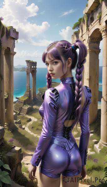 1girl,solo,long hair,breasts,looking at viewer,bangs,hair ornament,long sleeves,twintails,brown eyes,medium breasts,standing,purple hair,ass,braid,flower,cowboy shot,outdoors,parted lips,sky,shorts,day,looking back,artist name,cloud,water,from behind,twin braids,blue sky,lips,short shorts,bodysuit,makeup,ocean,beach,cloudy sky,lipstick,skin tight,rock,nose,hair tie,arms at sides,horizon,ruins,pillar,purple shorts,gloves,purple eyes,shiny,grass,shiny clothes,realistic