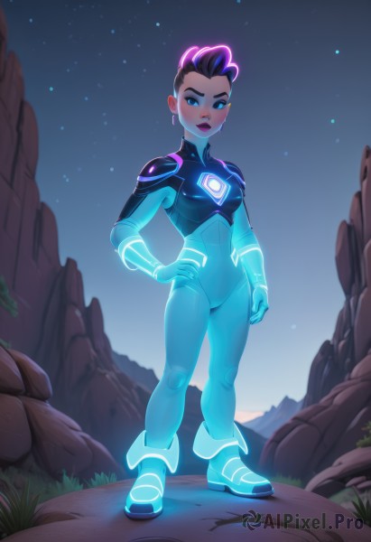 1girl,solo,breasts,looking at viewer,blush,short hair,blue eyes,black hair,gloves,jewelry,medium breasts,standing,full body,multicolored hair,earrings,small breasts,boots,outdoors,parted lips,sky,teeth,armor,two-tone hair,lips,hand on hip,bodysuit,makeup,night,glowing,lipstick,star (sky),night sky,glowing eyes,skin tight,starry sky,backlighting,rock,undercut,shoulder pads,superhero,blue bodysuit,neon trim,humanization,purple hair,mole,mole under eye,shoulder armor,eyeshadow