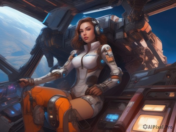 1girl,solo,long hair,breasts,brown hair,thighhighs,gloves,brown eyes,medium breasts,sitting,dark skin,armor,dark-skinned female,lips,bodysuit,makeup,headphones,robot,lipstick,mecha,headset,science fiction,realistic,nose,pilot suit,space,planet,earth (planet),spacecraft,cockpit,holographic interface,looking at viewer,boots,fingerless gloves,crossed legs,star (sky),forehead,brown gloves,jumpsuit,spacesuit