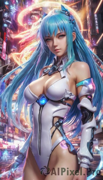 1girl,solo,long hair,breasts,looking at viewer,bangs,blue eyes,large breasts,hair ornament,thighhighs,animal ears,cleavage,bare shoulders,medium breasts,blue hair,standing,cowboy shot,detached sleeves,leotard,lips,grey eyes,clothing cutout,covered navel,headgear,highleg,halo,cleavage cutout,highleg leotard,science fiction,realistic,white leotard,closed mouth,shiny,watermark,city,neon lights