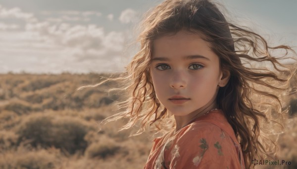 1girl,solo,long hair,looking at viewer,brown hair,black hair,brown eyes,closed mouth,upper body,outdoors,japanese clothes,sky,day,cloud,kimono,blurry,from side,blue sky,lips,looking to the side,grey eyes,floating hair,depth of field,blurry background,floral print,cloudy sky,wind,messy hair,portrait,freckles,realistic,nose,wavy hair,expressionless