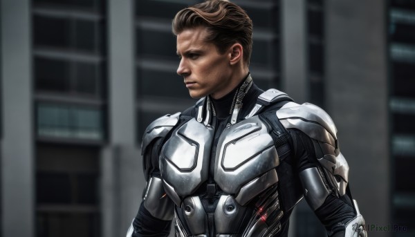 solo,short hair,brown hair,1boy,closed mouth,upper body,male focus,armor,blurry,looking to the side,bodysuit,profile,blurry background,science fiction,realistic,cyborg,power armor,building,serious