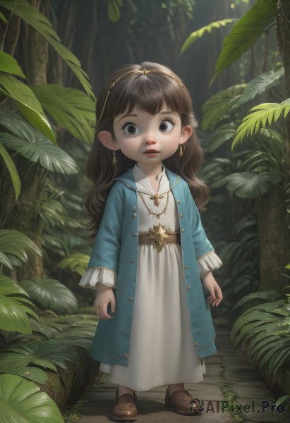 1girl,solo,long hair,looking at viewer,bangs,brown hair,long sleeves,dress,brown eyes,jewelry,standing,full body,hairband,earrings,outdoors,parted lips,shoes,teeth,day,belt,necklace,white dress,tree,coat,leaf,brown footwear,plant,child,nature,forest,female child,blue coat,lips,wavy hair,sunlight,wide-eyed