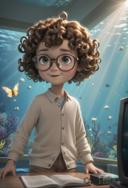 1girl,solo,looking at viewer,smile,short hair,open mouth,brown hair,shirt,long sleeves,brown eyes,white shirt,parted lips,glasses,collared shirt,pants,indoors,dark skin,book,buttons,sunlight,bug,messy hair,butterfly,child,desk,fish,bubble,black-framed eyewear,curly hair,light rays,underwater,open book,female child,computer,male child,coral,aquarium,1boy,male focus,shorts,teeth,animal,wavy hair,thick eyebrows,freckles,air bubble,sunbeam