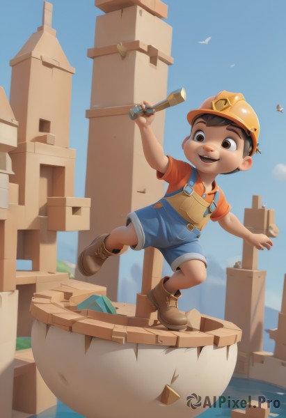 solo,smile,short hair,open mouth,brown hair,shirt,1boy,hat,holding,brown eyes,full body,short sleeves,male focus,boots,outdoors,sky,shorts,teeth,day,water,blue sky,bird,brown footwear,helmet,child,overalls,male child,orange shirt,hardhat,hammer,wrench