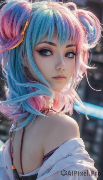 1girl,solo,looking at viewer,bangs,blue eyes,shirt,bare shoulders,closed mouth,blue hair,white shirt,upper body,pink hair,multicolored hair,looking back,artist name,medium hair,off shoulder,hair bun,from behind,blurry,two-tone hair,lips,looking to the side,eyelashes,double bun,makeup,blurry background,chain,eyeshadow,realistic,nose,mascara,short hair,hair ornament,jewelry,sidelocks,earrings,signature,necklace,from side,gradient hair,depth of field,thick eyebrows,lipstick,portrait,pink lips