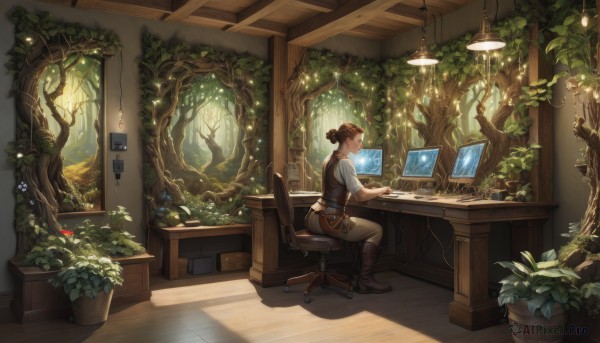 1girl,solo,smile,short hair,brown hair,shirt,black hair,1boy,sitting,white shirt,flower,male focus,boots,belt,pants,indoors,hair bun,vest,from side,tree,window,chair,brown footwear,sunlight,single hair bun,plant,goggles,nature,scenery,desk,forest,pouch,paper,potted plant,computer,brown pants,stool,monitor,laptop,short sleeves,profile,table,sheath,wide shot,tablet pc