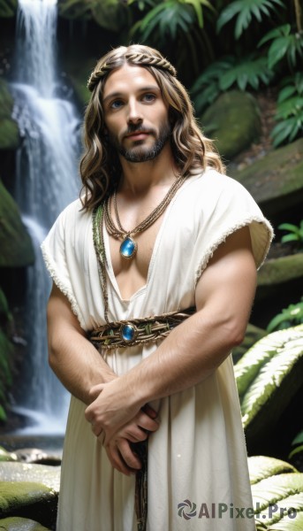 solo,long hair,breasts,looking at viewer,blue eyes,brown hair,black hair,1boy,dress,jewelry,standing,male focus,outdoors,parted lips,day,belt,signature,water,necklace,white dress,blurry,tree,lips,blurry background,facial hair,staff,gem,nature,beard,pendant,robe,realistic,nose,fantasy,mustache,chest hair,waterfall,arm hair,blonde hair,cosplay,muscular,leaf,parody,pectorals,crossdressing,manly,tunic