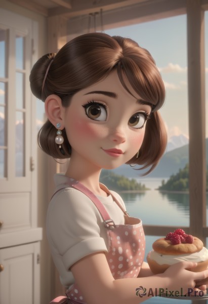 1girl,solo,looking at viewer,blush,smile,short hair,bangs,brown hair,shirt,holding,brown eyes,jewelry,closed mouth,white shirt,upper body,short sleeves,earrings,outdoors,food,sky,day,artist name,cloud,indoors,water,hair bun,blurry,apron,from side,lips,fingernails,looking to the side,window,fruit,depth of field,blurry background,sunlight,single hair bun,polka dot,plate,freckles,cake,strawberry,holding plate,kitchen,pink apron,pie,eyelashes,holding food,nose,cupcake