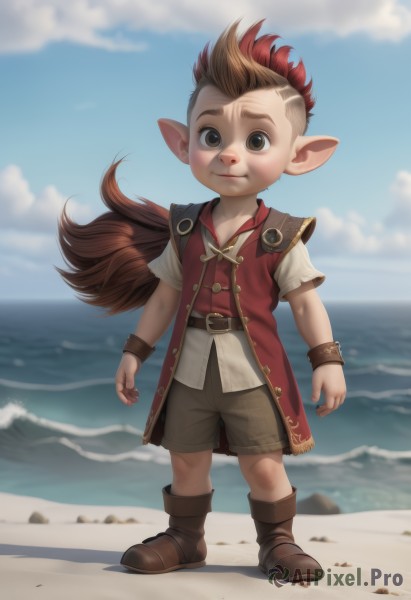 solo,long hair,looking at viewer,brown hair,1boy,brown eyes,jewelry,standing,full body,ponytail,male focus,red hair,multicolored hair,boots,outdoors,sky,shorts,day,pointy ears,belt,cloud,water,vest,bracelet,two-tone hair,blue sky,ocean,beach,sand,male child,mohawk,artist name,wristband,child