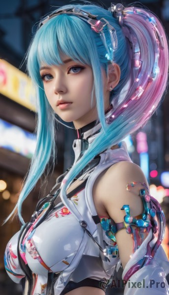 1girl,solo,long hair,breasts,looking at viewer,bangs,blue eyes,bare shoulders,jewelry,medium breasts,blue hair,upper body,ponytail,pink hair,sidelocks,multicolored hair,earrings,parted lips,midriff,blurry,from side,two-tone hair,lips,blurry background,headgear,science fiction,realistic,nose,android,cyborg,cyberpunk,hair ornament,twintails,closed mouth,hairband,sleeveless,artist name,crop top,eyelashes,gradient hair,depth of field,expressionless,piercing,cable,bokeh