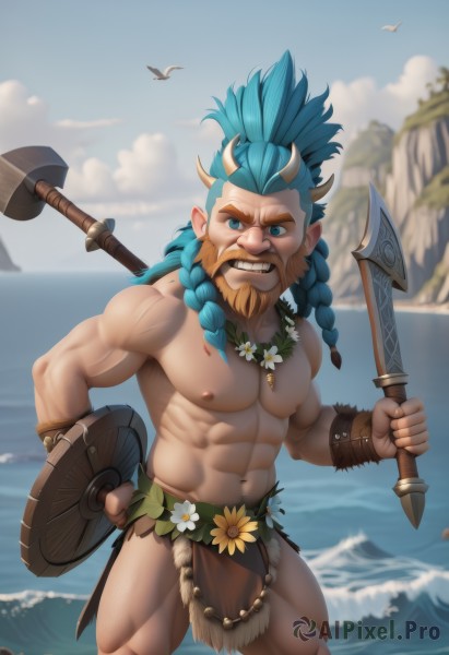 solo,long hair,looking at viewer,blue eyes,1boy,navel,holding,jewelry,nipples,blue hair,standing,weapon,braid,flower,male focus,thighs,outdoors,horns,sky,teeth,day,pointy ears,cloud,water,necklace,stomach,holding weapon,twin braids,blue sky,aqua hair,muscular,facial hair,bird,ocean,fangs,scar,beach,thick thighs,abs,thick eyebrows,pectorals,muscular male,polearm,clenched teeth,bara,angry,pelvic curtain,beard,large pectorals,topless male,shield,mature male,bracer,axe,loincloth,biceps,holding shield,holding axe,mohawk,tooth necklace,multiple braids,pubic hair,blurry background,feet out of frame,mustache,holding polearm,hammer,chest hair,waves,navel hair,holding hammer