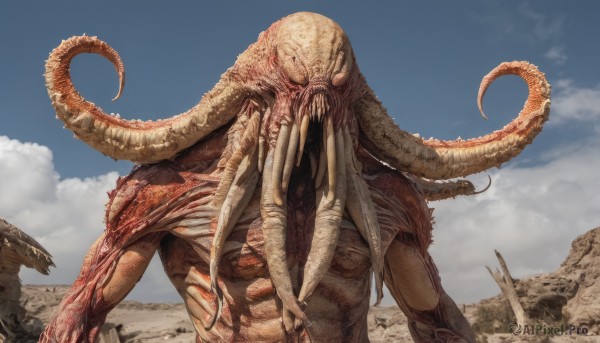 solo,open mouth,upper body,outdoors,sky,teeth,day,cloud,blue sky,no humans,sharp teeth,claws,tentacles,1other,monster,extra eyes,alien,horror (theme),eldritch abomination,horns,cloudy sky,veins,giant,ribs,desert