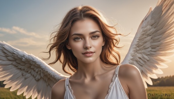 1girl,solo,long hair,breasts,looking at viewer,smile,brown hair,dress,bare shoulders,brown eyes,collarbone,upper body,outdoors,parted lips,wings,sky,sleeveless,day,cloud,white dress,blurry,lips,blurry background,feathered wings,angel wings,realistic,nose,white wings,angel,cleavage,blue sky,portrait