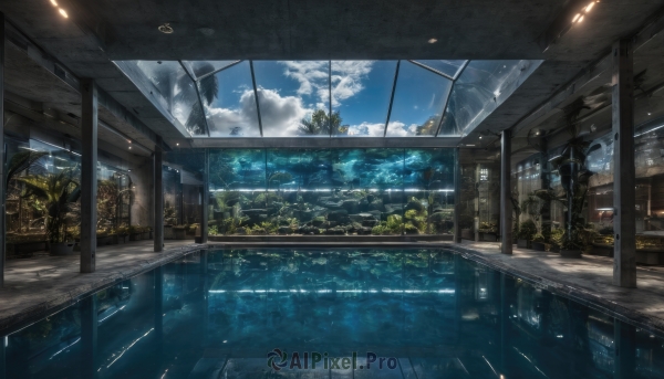 outdoors,sky,day,cloud,indoors,signature,water,tree,blue sky,no humans,window,sunlight,cloudy sky,plant,building,scenery,reflection,bench,ceiling,ceiling light,train station,railroad tracks,ground vehicle,motor vehicle,city,glass,potted plant,vanishing point