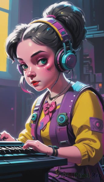 1girl,solo,breasts,looking at viewer,short hair,shirt,black hair,bow,jewelry,closed mouth,green eyes,upper body,pink hair,multicolored hair,artist name,bowtie,necklace,hair bun,mole,vest,bracelet,official alternate costume,lips,eyelashes,mole under eye,makeup,colored skin,headphones,single hair bun,lipstick,pink bow,eyeshadow,headset,yellow shirt,nose,wristwatch,eyeliner,pink bowtie,updo,blue eyes,jacket,ponytail,bag,nail polish,backpack,instrument,forehead,watch,facepaint,mascara,keyboard (instrument)