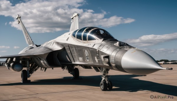 outdoors,sky,day,cloud,signature,blue sky,military,no humans,shadow,flying,science fiction,realistic,aircraft,military vehicle,airplane,vehicle focus,desert,jet,fighter jet,pilot,contrail,bomb,missile