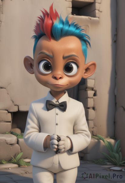 solo,looking at viewer,smile,gloves,1boy,bow,brown eyes,blue hair,male focus,red hair,multicolored hair,white gloves,bowtie,black bow,child,furry,black bowtie,white pants,furry male,male child,mohawk,artist name,two-tone hair,formal,ring,suit,traditional bowtie,tuxedo