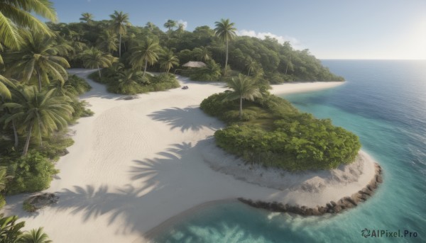 outdoors,sky,day,cloud,water,tree,blue sky,no humans,shadow,ocean,beach,sunlight,plant,nature,scenery,sand,palm tree,horizon,bush,shade,summer,shore,grass,forest,rock,island