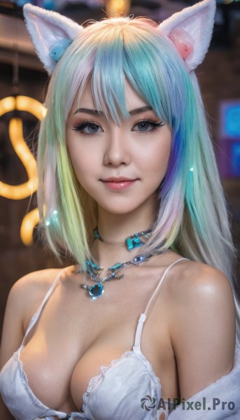 1girl,solo,long hair,breasts,looking at viewer,smile,bangs,blue eyes,hair ornament,animal ears,cleavage,bare shoulders,jewelry,medium breasts,closed mouth,underwear,blue hair,collarbone,upper body,multicolored hair,cat ears,necklace,off shoulder,bra,blurry,two-tone hair,lips,grey eyes,fur trim,fox ears,eyelashes,aqua hair,gradient hair,makeup,blurry background,gem,pendant,eyeshadow,freckles,white bra,realistic,nose,mascara,blonde hair,cat tail,fake animal ears