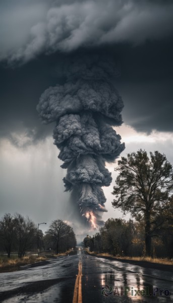 1girl,solo,outdoors,sky,day,cloud,water,tree,no humans,cloudy sky,grass,nature,scenery,reflection,road,bridge,lamppost,river,statue,fire,building,1other,monster,burning,grey theme