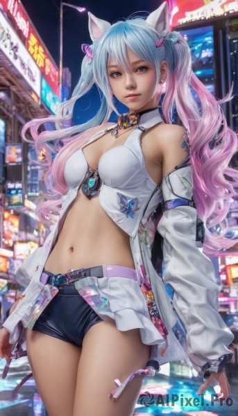 1girl,solo,long hair,breasts,looking at viewer,smile,bangs,hair ornament,long sleeves,navel,animal ears,cleavage,hair between eyes,bare shoulders,twintails,brown eyes,jewelry,medium breasts,closed mouth,blue hair,standing,jacket,pink hair,thighs,multicolored hair,cowboy shot,earrings,outdoors,open clothes,shorts,choker,midriff,belt,cat ears,dark skin,off shoulder,two-tone hair,open jacket,dark-skinned female,lips,short shorts,tattoo,gradient hair,night,fake animal ears,black shorts,white jacket,building,city,realistic,micro shorts,blue eyes,small breasts,cityscape,city lights,neon lights