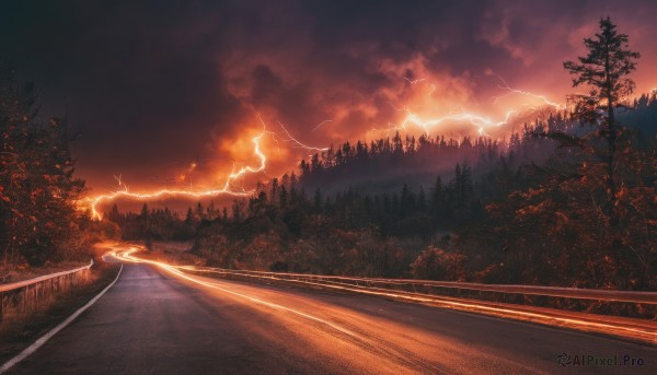 A lightning captured beautifully in a tranquil sunset outdoors