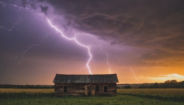 outdoors,sky,cloud,no humans,window,cloudy sky,grass,building,scenery,sunset,fence,electricity,house,lightning,tree,nature,field,east asian architecture,evening