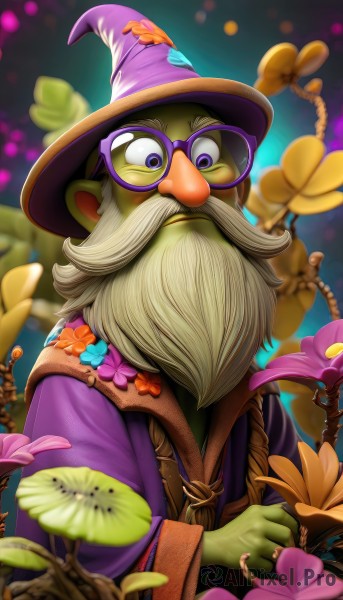 solo,looking at viewer,long sleeves,1boy,hat,holding,purple eyes,upper body,flower,white hair,grey hair,male focus,glasses,wide sleeves,blurry,witch hat,blurry background,colored skin,facial hair,bug,staff,beard,robe,round eyewear,mustache,purple flower,purple headwear,green skin,old,wizard hat,wizard,artist name,depth of field,watermark,web address,holding flower