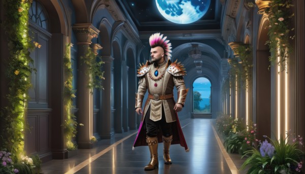 solo,1boy,jewelry,standing,full body,pink hair,flower,male focus,boots,sky,belt,necklace,armor,window,facial hair,brown footwear,moon,knee boots,feathers,plant,scenery,clenched hands,walking,fantasy,vines,planet,pillar,earth (planet),arch,brown hair,long sleeves,closed mouth,weapon,white hair,multicolored hair,earrings,pants,sword,indoors,two-tone hair,hand on hip,night,black pants,shoulder armor,gem,sheath,star (sky),beard,door,potted plant,space,wide shot