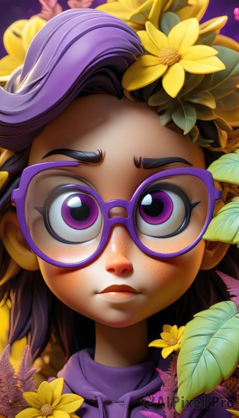 1girl,solo,looking at viewer,hair ornament,purple eyes,purple hair,flower,multicolored hair,glasses,artist name,hair flower,dark skin,hood,two-tone hair,dark-skinned female,lips,eyelashes,hoodie,leaf,watermark,portrait,web address,freckles,yellow flower,purple hoodie,blush,short hair,brown hair,closed mouth,upper body,messy hair,close-up,serious,purple shirt,purple-framed eyewear