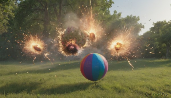 outdoors,sky,day,cloud,tree,blue sky,no humans,leaf,grass,nature,scenery,ball,forest,smoke,bush,explosion,signature,beachball