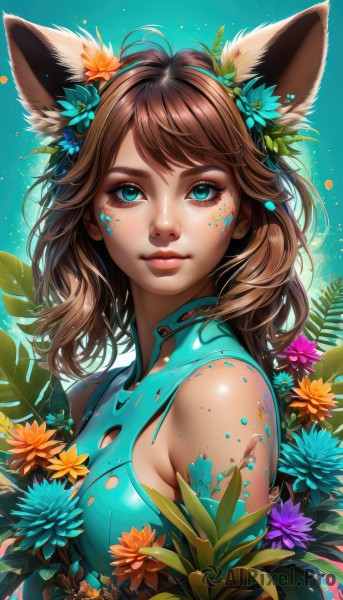 1girl,solo,long hair,breasts,looking at viewer,smile,bangs,blue eyes,brown hair,hair ornament,animal ears,bare shoulders,jewelry,medium breasts,closed mouth,green eyes,upper body,flower,earrings,sleeveless,shiny,artist name,hair flower,aqua eyes,lips,fox ears,eyelashes,makeup,leaf,watermark,blue background,facial mark,plant,freckles,blue flower,nose,paint splatter,shirt,dress,torn clothes,sleeveless shirt,swept bangs,blue shirt,web address,eyeshadow,pink lips,yellow flower,purple flower,facepaint,aqua background,mascara,aqua dress,aqua shirt