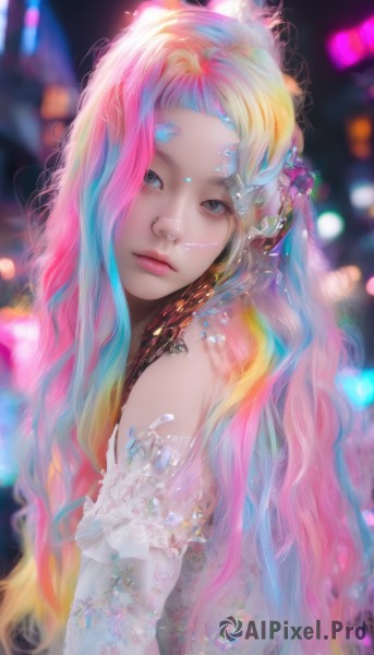 1girl,solo,long hair,looking at viewer,blue eyes,blonde hair,dress,bare shoulders,closed mouth,blue hair,upper body,pink hair,multicolored hair,blurry,lips,head tilt,grey eyes,makeup,depth of field,blurry background,wavy hair,piercing,crystal,realistic,nose,rainbow hair,hair ornament,jewelry,eyelashes,gradient hair,watermark,expressionless,web address,nose piercing