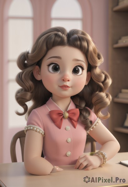 1girl,solo,long hair,looking at viewer,smile,brown hair,dress,bow,brown eyes,jewelry,sitting,upper body,braid,short sleeves,parted lips,indoors,bowtie,blurry,red bow,bracelet,lips,book,window,buttons,blurry background,wavy hair,chair,table,child,pink dress,freckles,curly hair,female child,pencil,blush,bangs,shirt,eyelashes,depth of field,pink bow,brooch,red bowtie,desk,pink shirt,nose,on chair