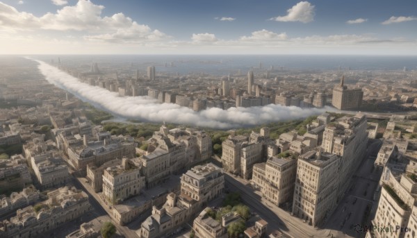 outdoors,sky,day,cloud,water,tree,blue sky,no humans,ocean,cloudy sky,building,scenery,city,horizon,cityscape,river,skyscraper,landscape,from above