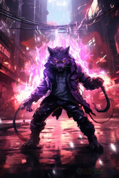 solo,looking at viewer,shirt,long sleeves,1boy,holding,animal ears,jewelry,standing,jacket,tail,full body,yellow eyes,white shirt,male focus,outdoors,open clothes,sky,teeth,belt,pants,open jacket,torn clothes,glowing,fangs,black pants,fire,sharp teeth,slit pupils,building,glowing eyes,claws,furry,reflection,legs apart,city,cable,furry male,aura,gloves,necklace,cat,clenched teeth,electricity,whip,wire,werewolf