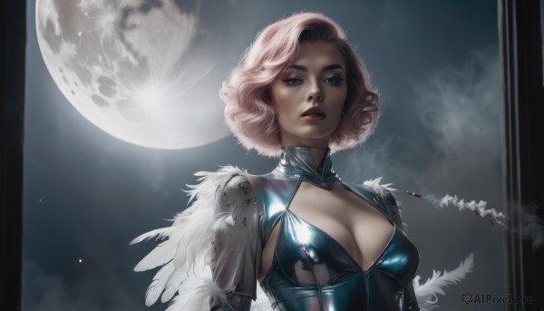 1girl,solo,breasts,looking at viewer,short hair,blue eyes,cleavage,medium breasts,upper body,pink hair,parted lips,sky,lips,clothing cutout,makeup,night,moon,cleavage cutout,feathers,lipstick,full moon,smoke,curly hair,realistic,red lips,large breasts,dress,corset,nose,smoking