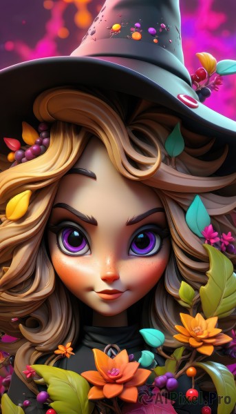 1girl,solo,long hair,looking at viewer,smile,blonde hair,hair ornament,hat,closed mouth,purple eyes,flower,food,artist name,lips,petals,eyelashes,black headwear,makeup,witch hat,fruit,leaf,watermark,thick eyebrows,portrait,web address,close-up,halloween,freckles,curly hair,nose,jack-o'-lantern,witch,pumpkin,orange flower,berry,brown hair,grapes