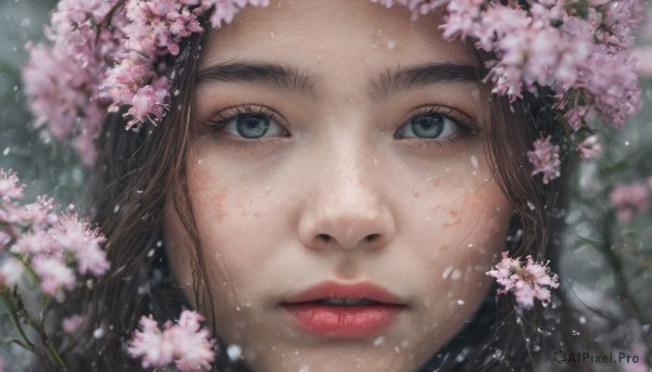 1girl, solo, long hair, looking at viewer, blue eyes, brown hair, flower, parted lips, blurry, lips, cherry blossoms, portrait, close-up, realistic, nose, branch